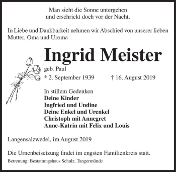 Traueranzeige von Ingrid Meister (geb. Paul)  von Magdeburger Volksstimme
