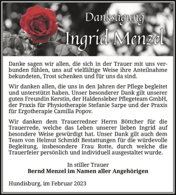 Traueranzeige von Ingrid Menzel  von Magdeburger Volksstimme