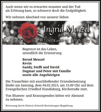 Traueranzeige von Ingrid Menzel (geb. Jagalla)  von Magdeburger Volksstimme