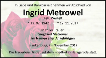 Traueranzeige von Ingrid Metrowel (geb. Weigelt)  von Magdeburger Volksstimme