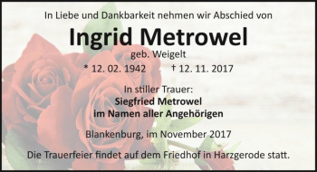 Traueranzeige von Ingrid Metrowel (geb. Weigelt)  von Magdeburger Volksstimme