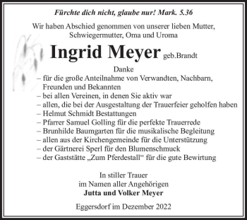 Traueranzeige von Ingrid Meyer (geb. Brandt)  von Magdeburger Volksstimme