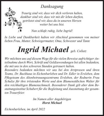 Traueranzeige von Ingrid Michael (geb. Collatz)  von Magdeburger Volksstimme