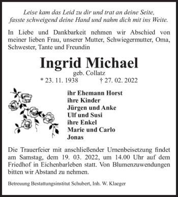 Traueranzeige von Ingrid Michael (geb. Collatz)  von Magdeburger Volksstimme