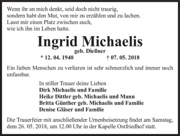 Traueranzeige von Ingrid Michaelis (geb. Dießner)  von Magdeburger Volksstimme