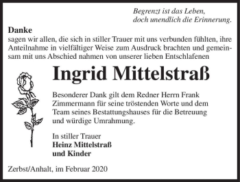 Traueranzeige von Ingrid Mittelstraß  von Magdeburger Volksstimme