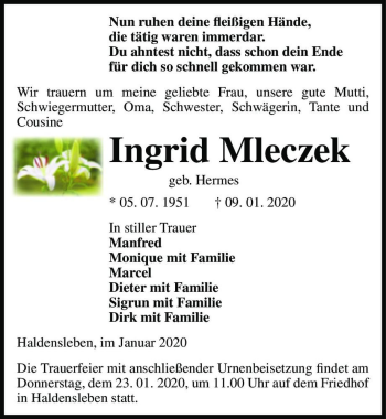 Traueranzeige von Ingrid Mleczek (geb. Hermes)  von Magdeburger Volksstimme