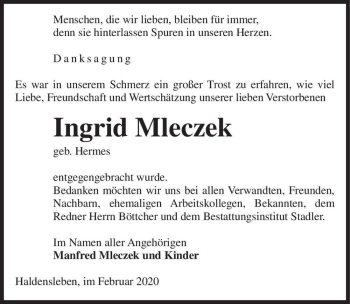Traueranzeige von Ingrid Mleczek (geb. Hermes)  von Magdeburger Volksstimme