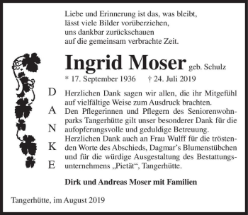 Traueranzeige von Ingrid Moser (geb. Schulz)  von Magdeburger Volksstimme