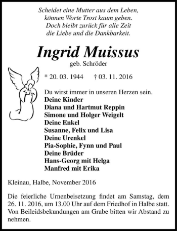 Traueranzeige von Ingrid Muissus (geb. Schröder)  von Magdeburger Volksstimme