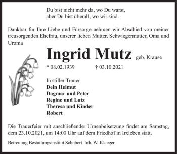 Traueranzeige von Ingrid Mutz (geb. Krause)  von Magdeburger Volksstimme