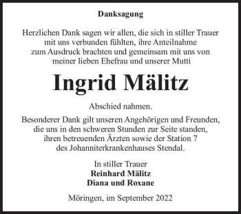 Traueranzeige von Ingrid Mälitz  von Magdeburger Volksstimme