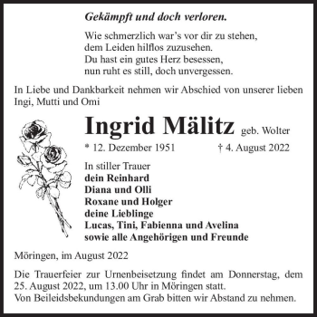 Traueranzeige von Ingrid Mälitz (geb. Wolter)  von Magdeburger Volksstimme