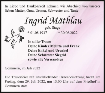 Traueranzeige von Ingrid Mäthlau (geb. Stage)  von Magdeburger Volksstimme
