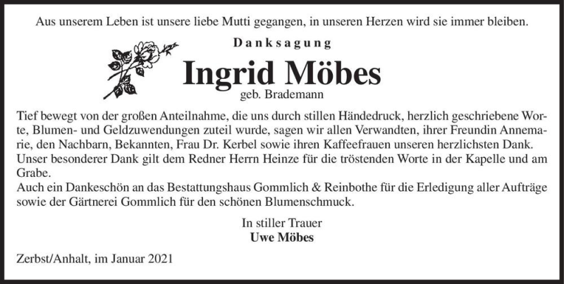  Traueranzeige für Ingrid Möbes (geb. Brademann)  vom 16.01.2021 aus Magdeburger Volksstimme