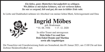 Traueranzeige von Ingrid Möbes (geb. Brademann)  von Magdeburger Volksstimme
