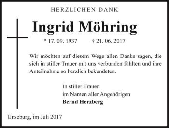 Traueranzeige von Ingrid Möhring  von Magdeburger Volksstimme