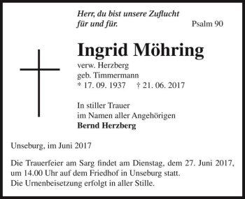 Traueranzeige von Ingrid Möhring (verw. Herzberg, geb. Timmermann)  von Magdeburger Volksstimme