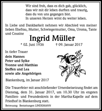 Traueranzeige von Ingrid Müller  von Magdeburger Volksstimme