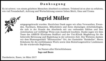 Traueranzeige von Ingrid Müller  von Magdeburger Volksstimme
