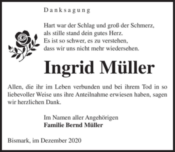 Traueranzeige von Ingrid Müller  von Magdeburger Volksstimme