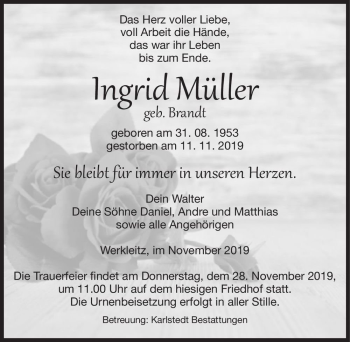 Traueranzeige von Ingrid Müller (geb. Brandt)  von Magdeburger Volksstimme