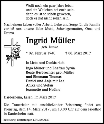 Traueranzeige von Ingrid Müller (geb. Duske)  von Magdeburger Volksstimme