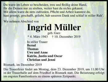 Traueranzeige von Ingrid Müller (geb. Garz)  von Magdeburger Volksstimme