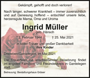 Traueranzeige von Ingrid Müller (geb. Hänsch)  von Magdeburger Volksstimme