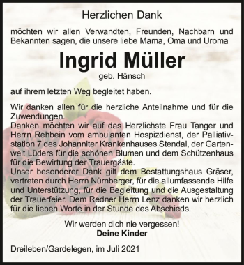 Traueranzeige von Ingrid Müller (geb. Hänsch)  von Magdeburger Volksstimme