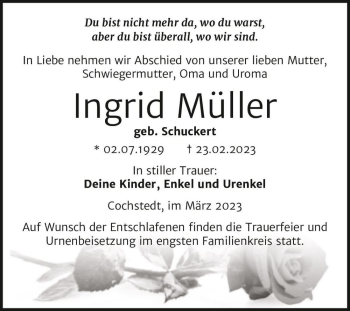 Traueranzeige von Ingrid Müller (geb. Schuckert)  von Magdeburger Volksstimme