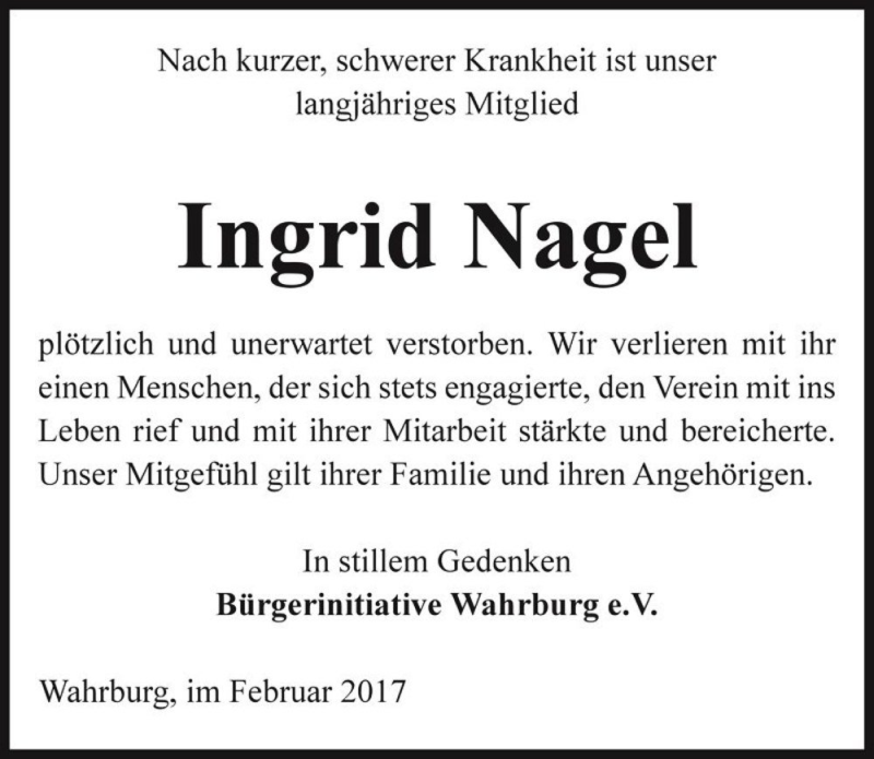  Traueranzeige für Ingrid Nagel  vom 02.03.2017 aus Magdeburger Volksstimme