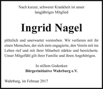 Traueranzeige von Ingrid Nagel  von Magdeburger Volksstimme