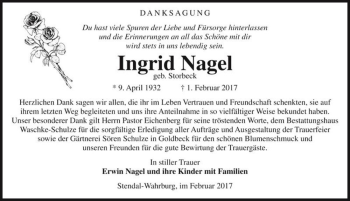Traueranzeige von Ingrid Nagel (geb. Storbeck)  von Magdeburger Volksstimme