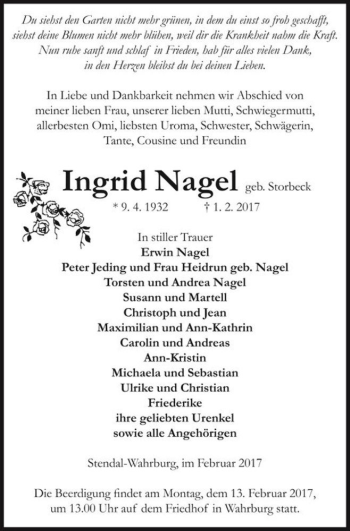 Traueranzeige von Ingrid Nagel (geb. Storbeck)  von Magdeburger Volksstimme