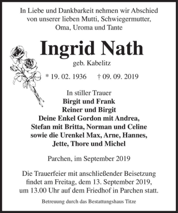 Traueranzeige von Ingrid Nath (geb. Kabelitz)  von Magdeburger Volksstimme