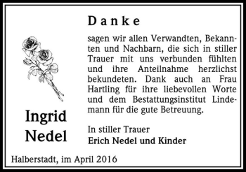 Traueranzeige von Ingrid Nedel  von Magdeburger Volksstimme