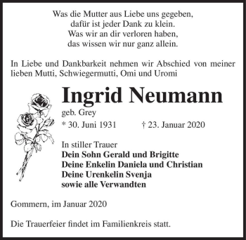 Traueranzeige von Ingrid Neumann (geb. Grey)  von Magdeburger Volksstimme