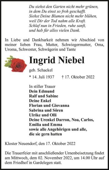 Traueranzeige von Ingrid Niebel (geb. Schackel)  von Magdeburger Volksstimme
