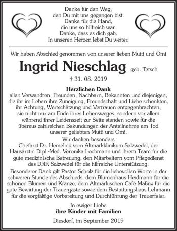 Traueranzeige von Ingrid Nieschlag (geb. Tetsch)  von Magdeburger Volksstimme