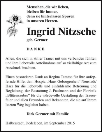 Traueranzeige von Ingrid Nitzsche (geb. Germer)  von Magdeburger Volksstimme