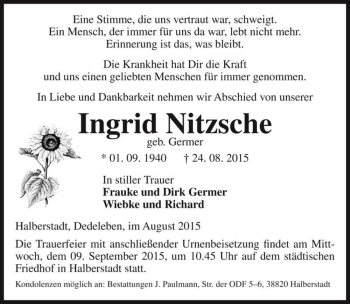 Traueranzeige von Ingrid Nitzsche (geb. Germer)  von Magdeburger Volksstimme