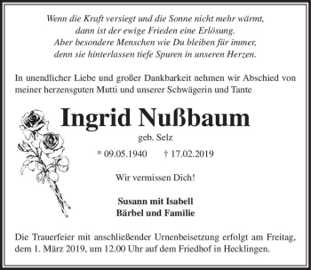 Traueranzeige von Ingrid Nußbaum (geb. Selz)  von Magdeburger Volksstimme