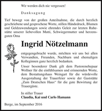 Traueranzeige von Ingrid Nötzelmann  von Magdeburger Volksstimme