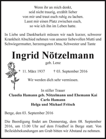 Traueranzeige von Ingrid Nötzelmann (geb. Lenz)  von Magdeburger Volksstimme