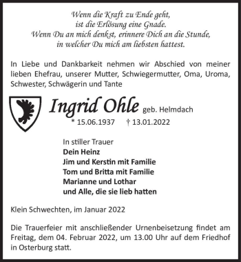 Traueranzeige von Ingrid Ohle (geb. Helmdach)  von Magdeburger Volksstimme