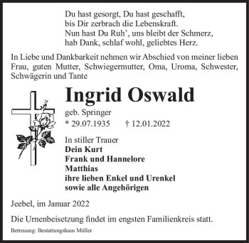 Traueranzeige von Ingrid Oswald (geb. Springer)  von Magdeburger Volksstimme
