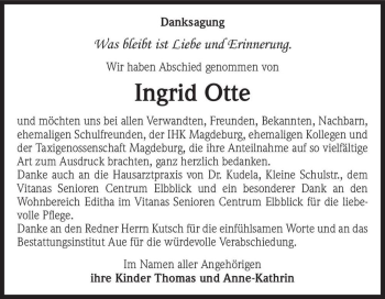 Traueranzeige von Ingrid Otte  von Magdeburger Volksstimme