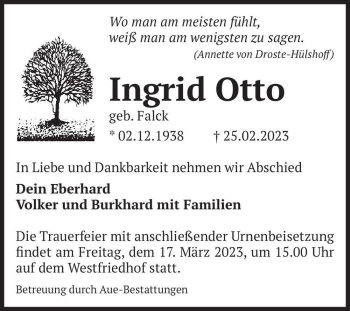 Traueranzeige von Ingrid Otto (geb. Falck)  von Magdeburger Volksstimme
