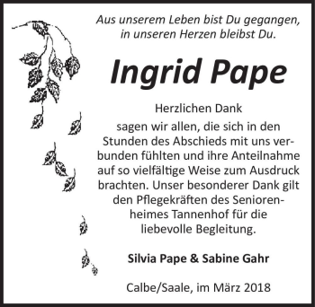 Traueranzeige von Ingrid Pape  von Magdeburger Volksstimme